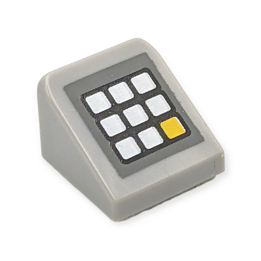LEGO Slope 30 1x1x 2/3 - Keypad with White and Yellow Buttons on Dark Bluish Gray Background