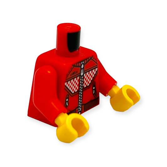 LEGO Torso - 6637 Rennjacke schwarze Nähte Linien und Saum weiße Reißverschlüsse und kariertes Muster