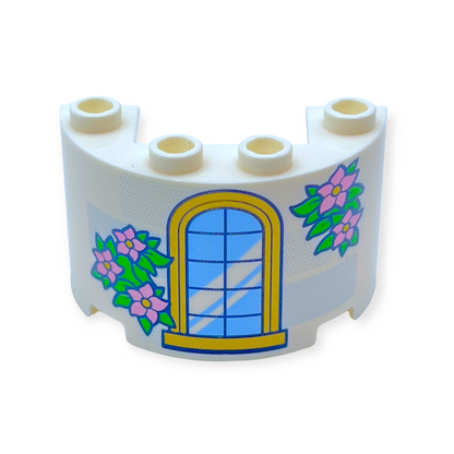 LEGO Cylinder Half 2x4x2 with 1 x 2 Cutout with Gold Trim Window and Green Leaves with Metallic Pink Flowers