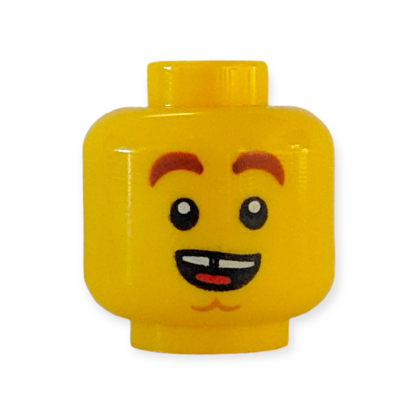 LEGO Head - 3163 Dual Sided Reddish Brown Thick Eyebrows, Chin Dimple, Open Mouth Smile