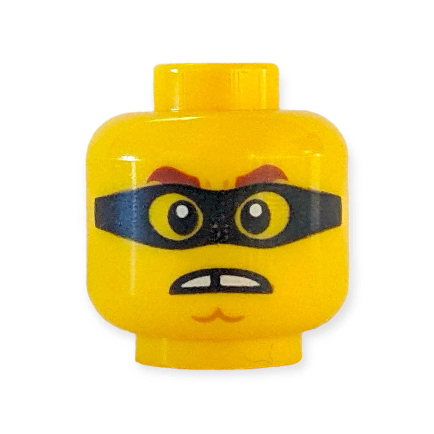LEGO Head - 3163 Dual Sided Reddish Brown Thick Eyebrows, Chin Dimple, Open Mouth Smile