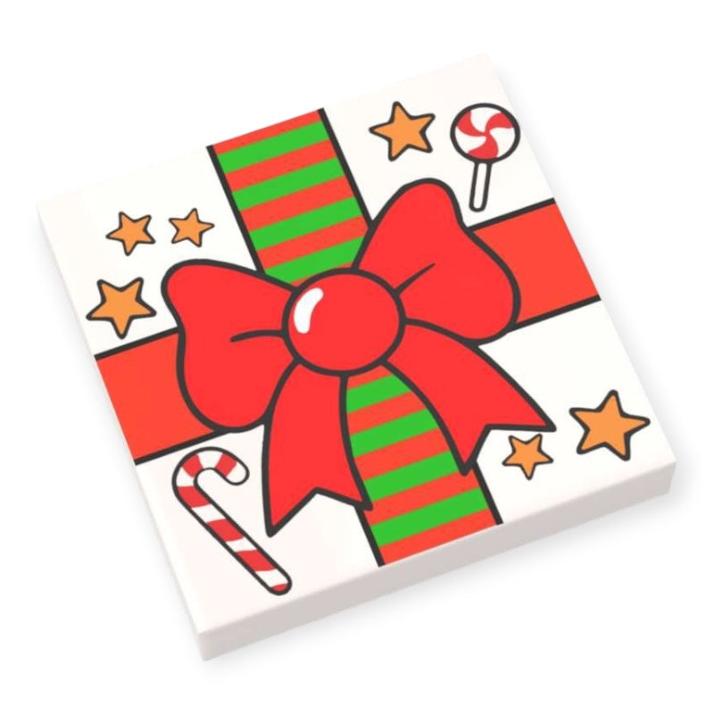 Fliese 2x2 Geschenk - Rote Schleife und weihnachtliches Muster