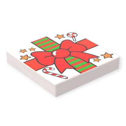 Fliese 2x2 Geschenk - Rote Schleife und weihnachtliches Muster