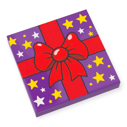 Bedruckte LEGO® Fliese 2x2  - Lila Geschenk mit Schleife und Sternen