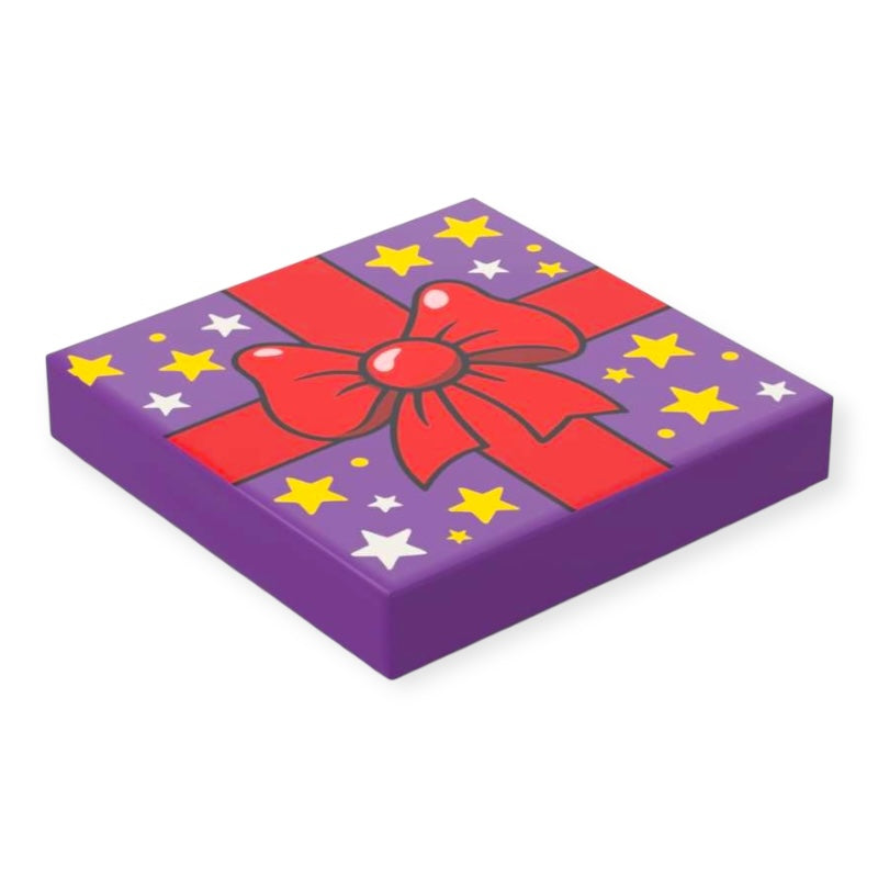 Bedruckte LEGO® Fliese 2x2  - Lila Geschenk mit Schleife und Sternen