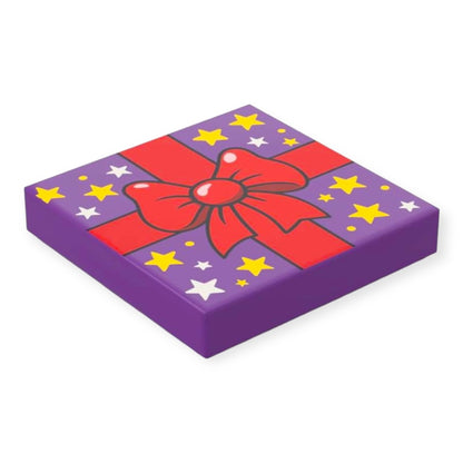 Bedruckte LEGO® Fliese 2x2  - Lila Geschenk mit Schleife und Sternen