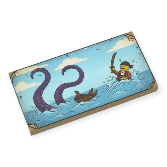 Bedruckte LEGO® Fliese 2x4 -  Piraten-Gemälde 'Kampf gegen den Kraken'