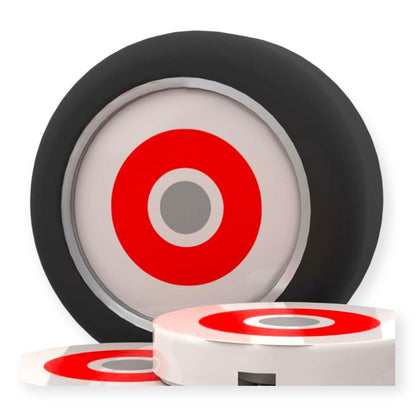 4 Bedruckte runde LEGO® Fliesen 2x2 - Zurück in die Zukunft™ 'Weißwandreifen mit Roter Felge'