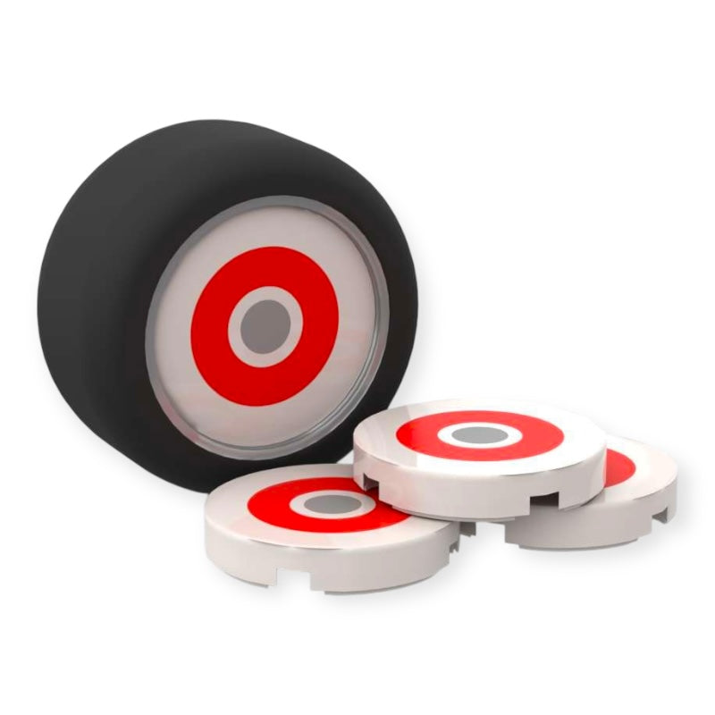 4 Bedruckte runde LEGO® Fliesen 2x2 - Zurück in die Zukunft™ 'Weißwandreifen mit Roter Felge'