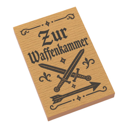 Bedruckte LEGO® Fliese 2x3 - Holzschild 17 'Zur Waffenkammer'