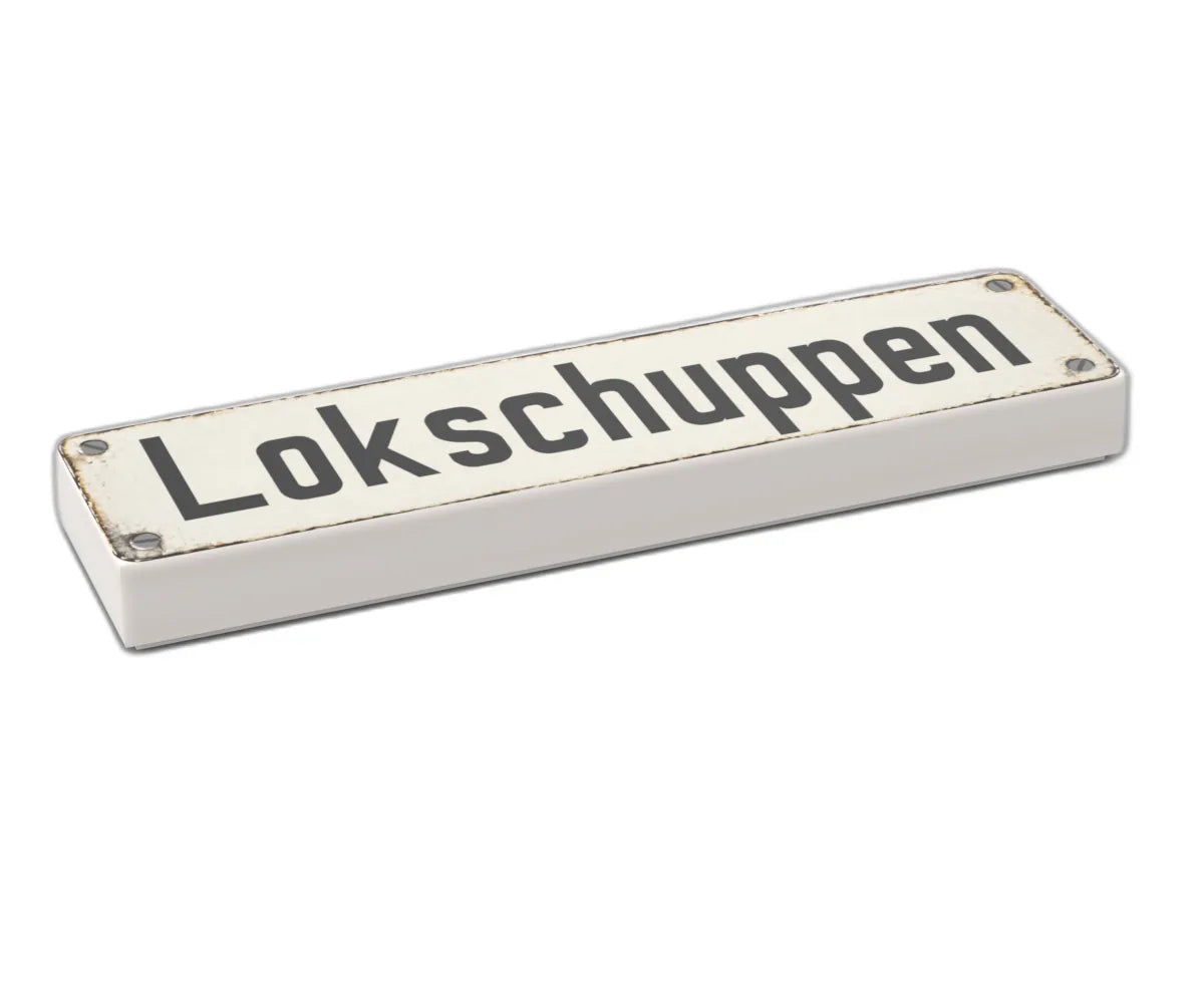 Bedruckte LEGO® Fliese 1x4 - Altes Schild 4 'Lokschuppen'