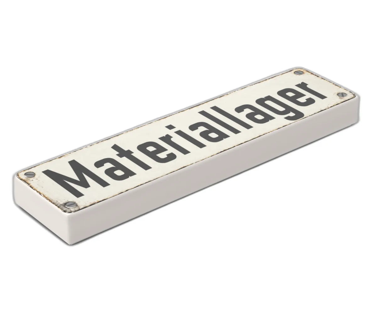 Bedruckte LEGO® Fliese 1x4 - Altes Schild 5 'Materiallager'
