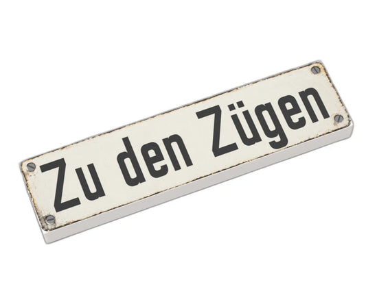 Bedruckte LEGO® Fliese 1x4 - Altes Schild 10 'Zu den Zügen'
