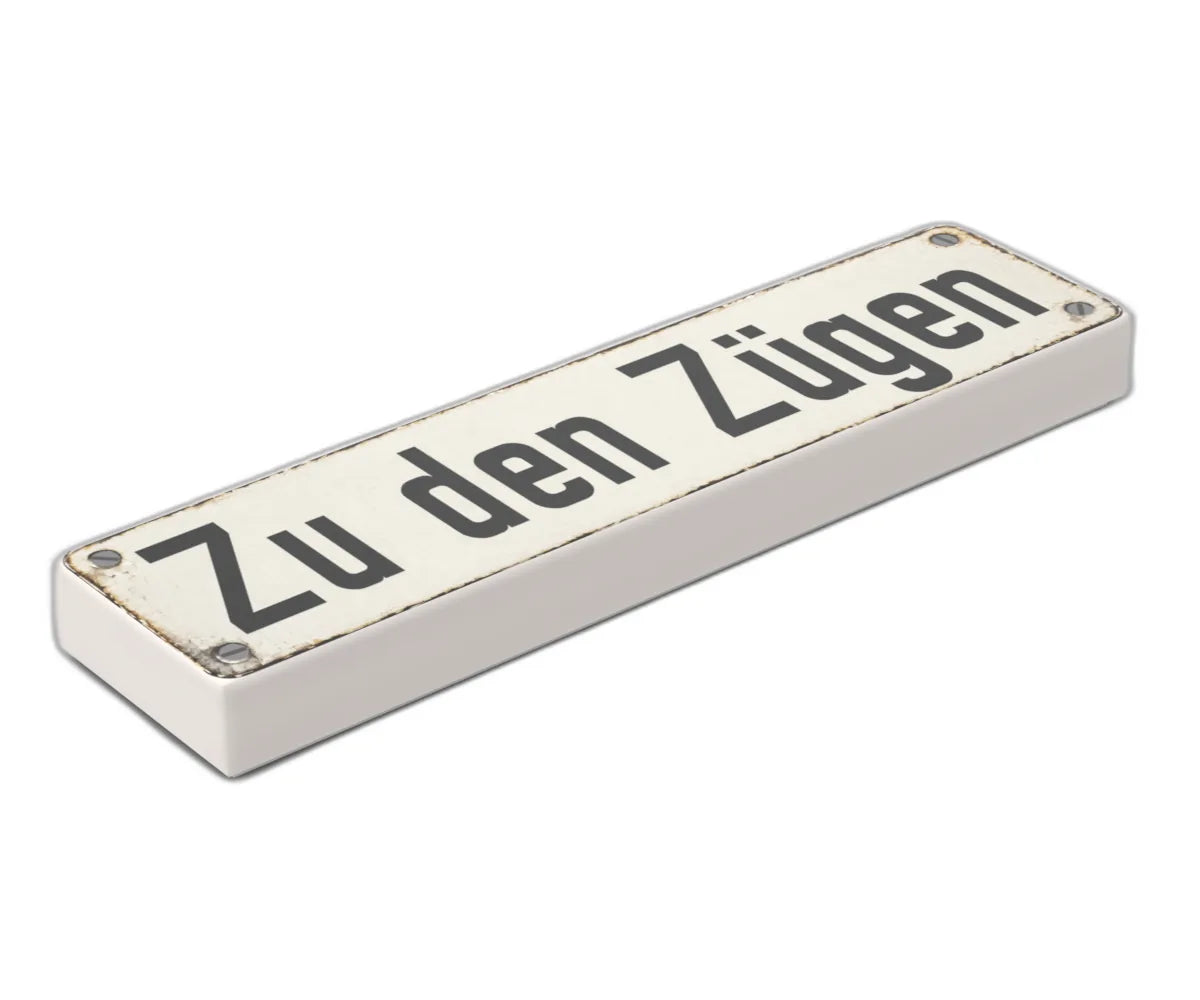 Bedruckte LEGO® Fliese 1x4 - Altes Schild 10 'Zu den Zügen'