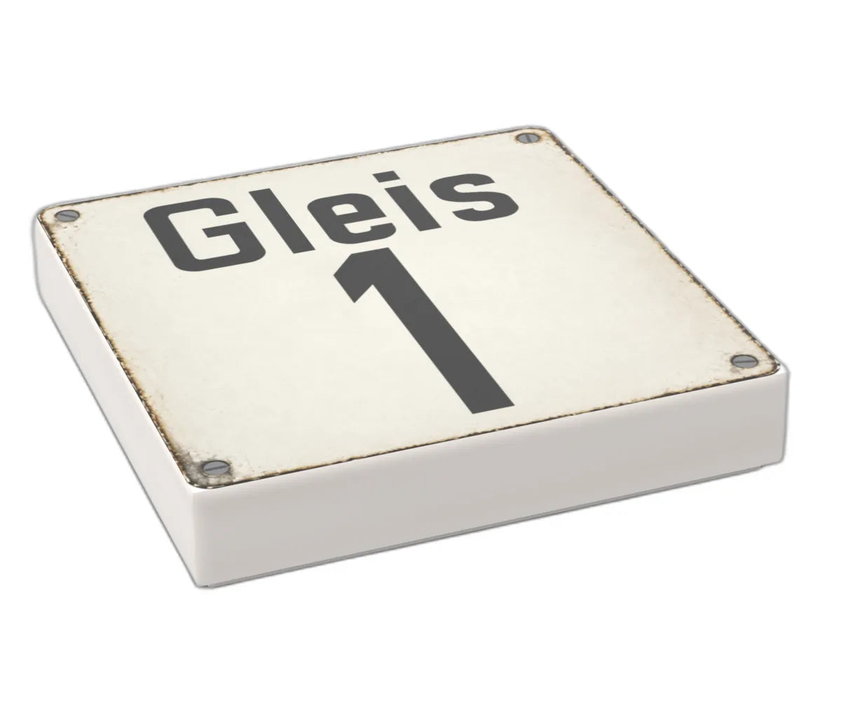 Bedruckte LEGO® Fliese 2x2 - Altes Schild 22 'Gleis 1'