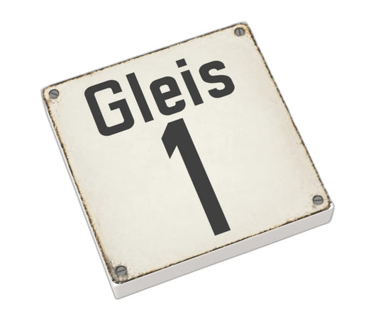Bedruckte LEGO® Fliese 2x2 - Altes Schild 22 'Gleis 1'