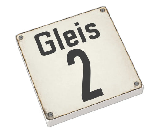Bedruckte LEGO® Fliese 2x2 - Altes Schild 23 'Gleis 2'