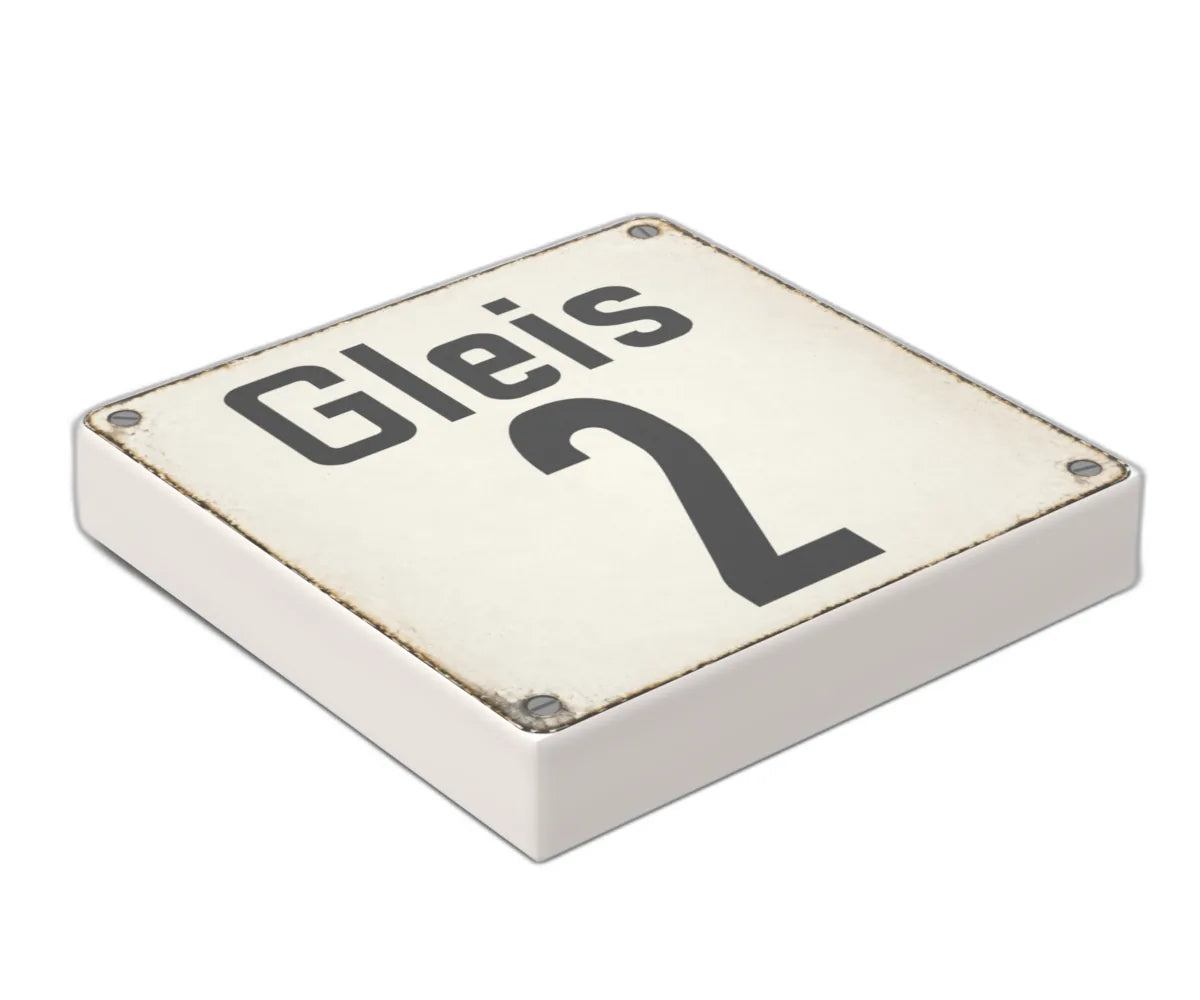 Bedruckte LEGO® Fliese 2x2 - Altes Schild 23 'Gleis 2'