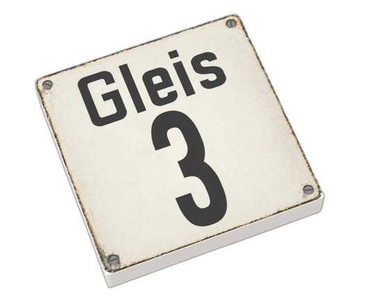 Bedruckte LEGO® Fliese 2x2 - Altes Schild 24 'Gleis 3'