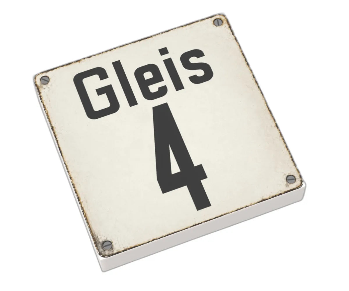 Bedruckte LEGO® Fliese 2x2 - Altes Schild 25 'Gleis 4'