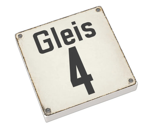 Bedruckte LEGO® Fliese 2x2 - Altes Schild 25 'Gleis 4'