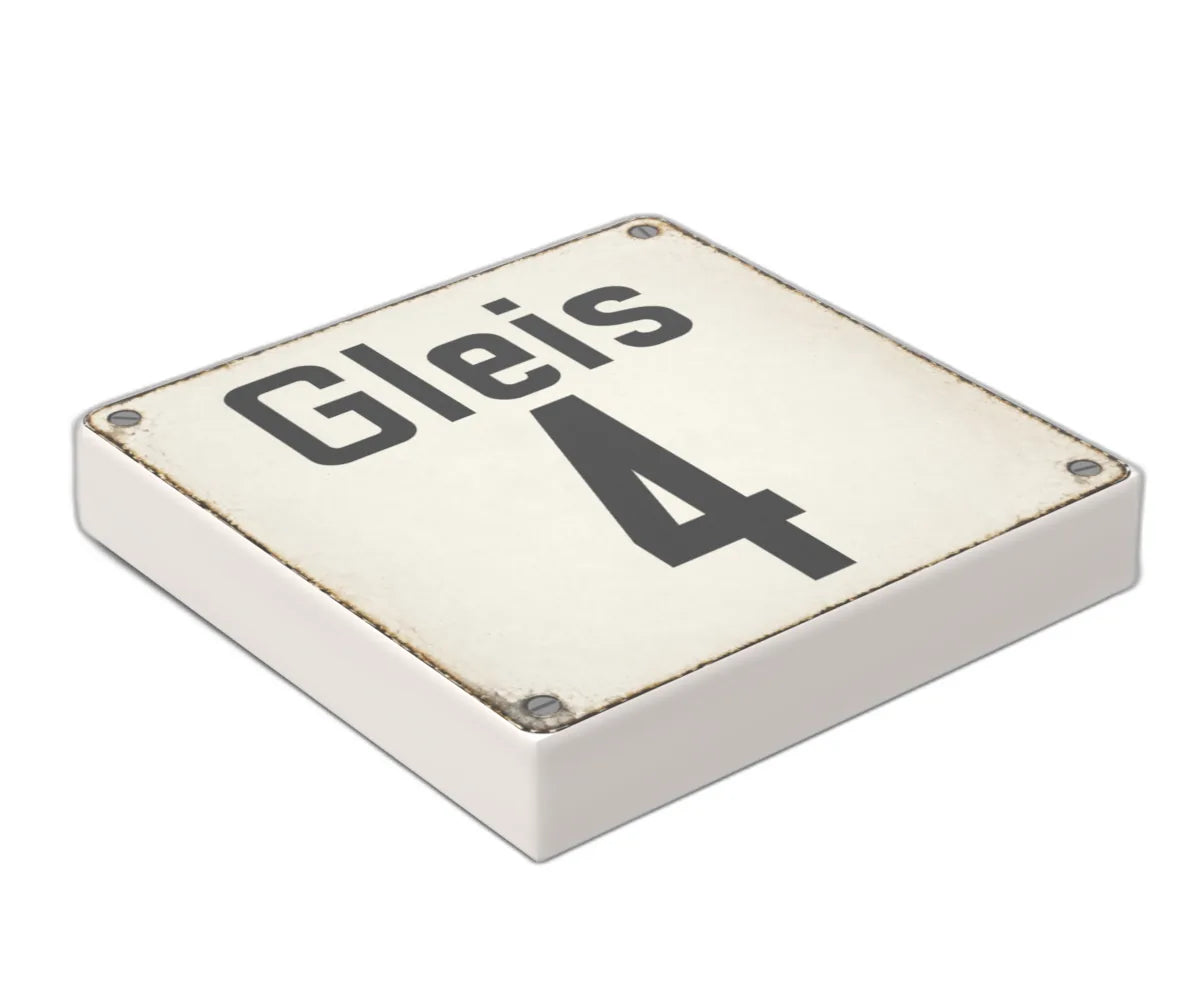 Bedruckte LEGO® Fliese 2x2 - Altes Schild 25 'Gleis 4'