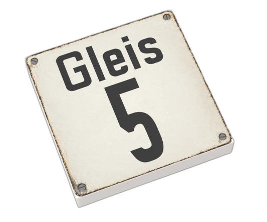 Bedruckte LEGO® Fliese 2x2 - Altes Schild 26 'Gleis 5'