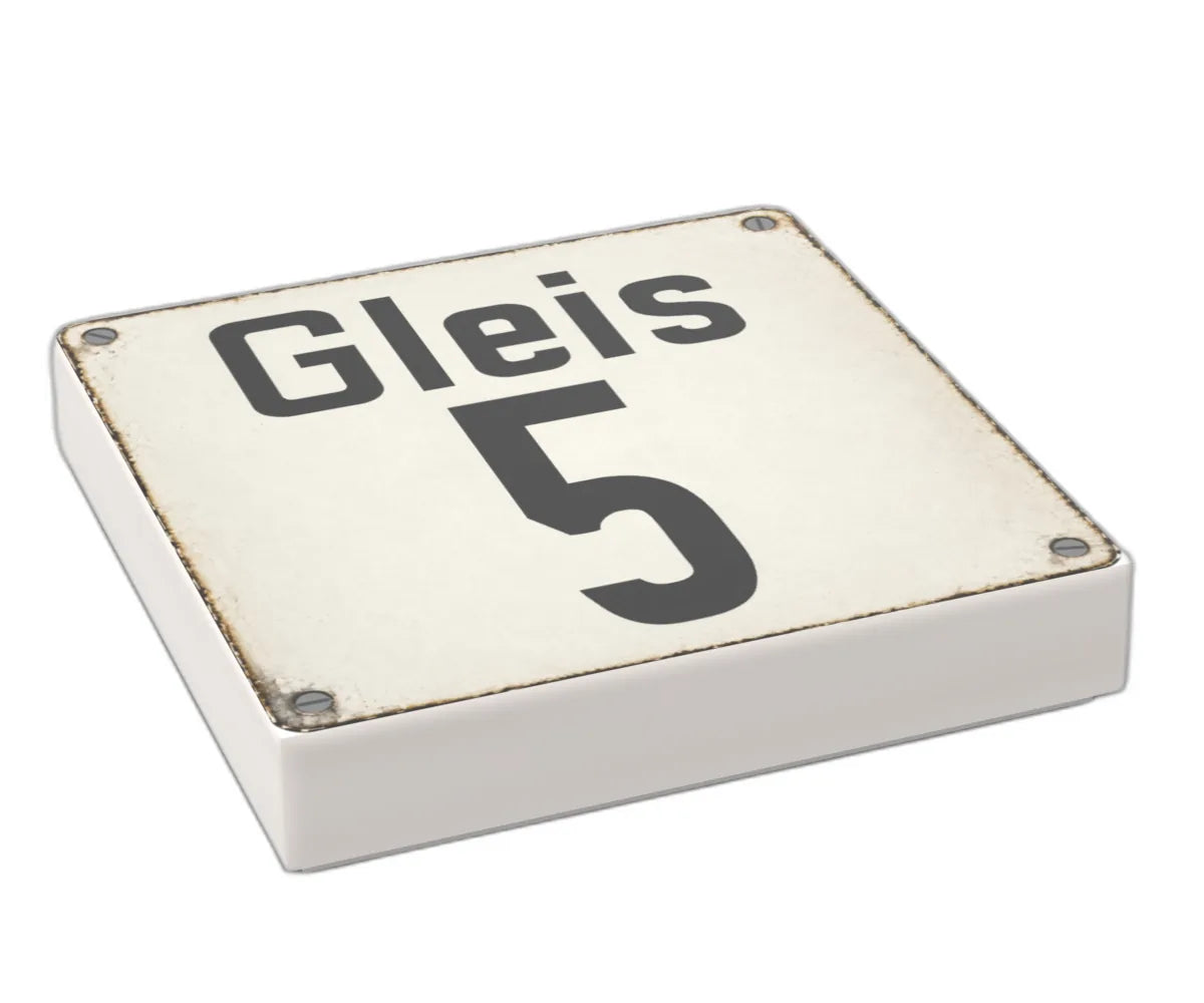 Bedruckte LEGO® Fliese 2x2 - Altes Schild 26 'Gleis 5'