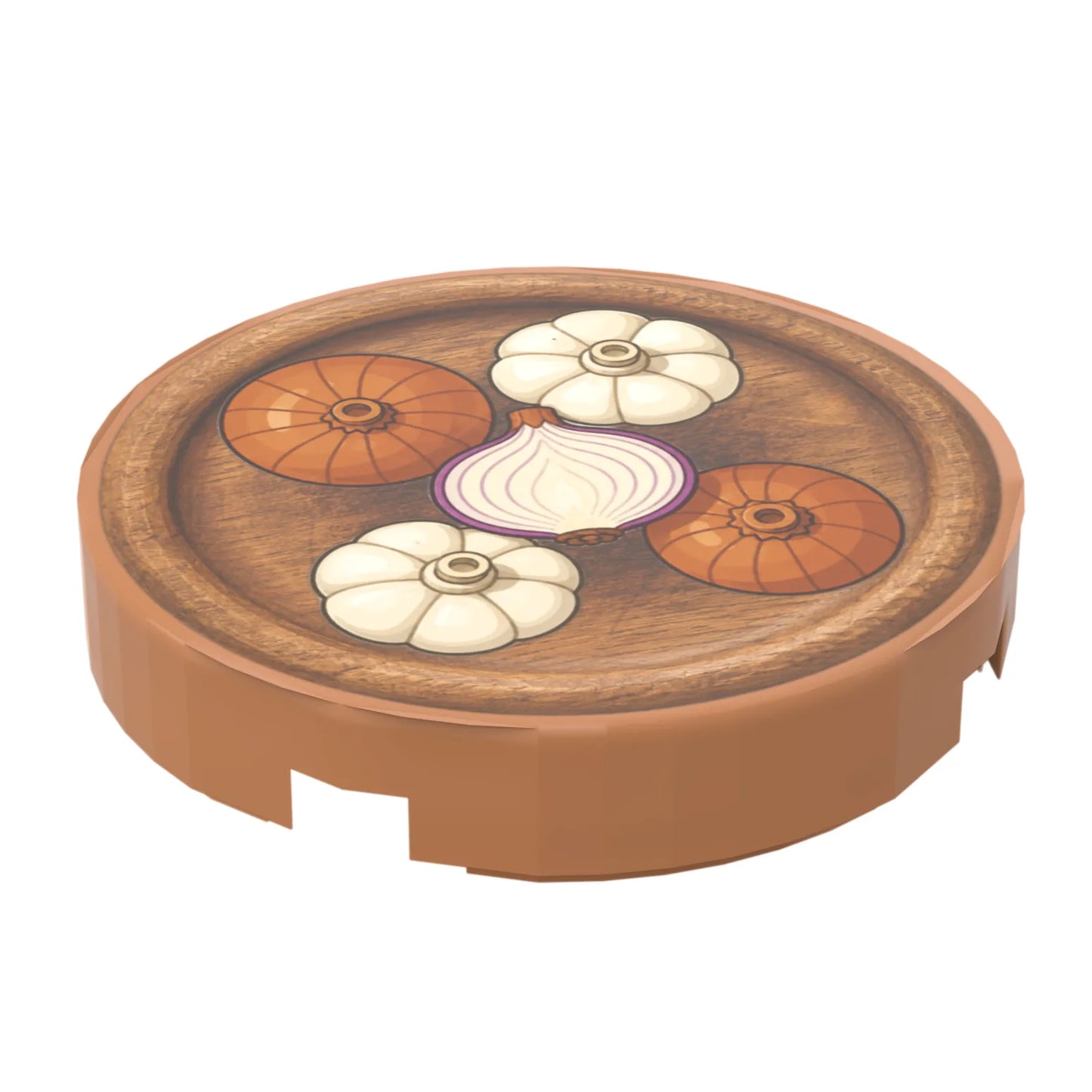 Bedruckte LEGO® Fliese 2x2 - Holzteller 6 mit Knoblauch und Zwiebeln
