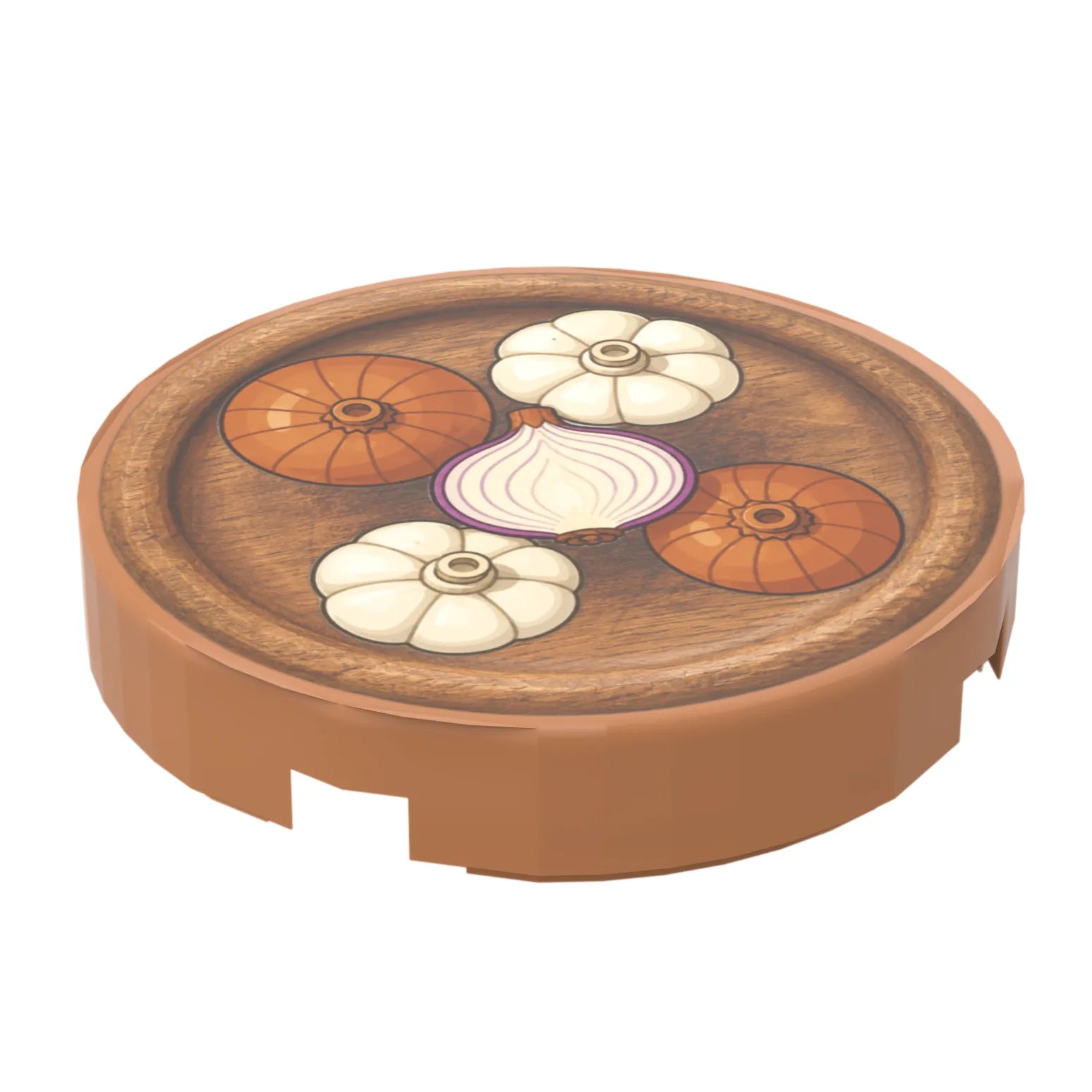 Bedruckte LEGO® Fliese 2x2 - Holzteller 6 mit Knoblauch und Zwiebeln