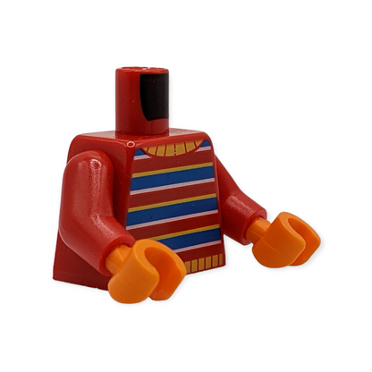 LEGO Torso - 5338 Sweater Bright Light Orange Collar Yellow Blue and White Stripes Pattern / Red Arms / Orange Hands
